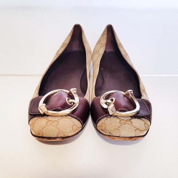 Gucci Brown Leather and GG Canvas Buckle Detail Ballet Flats - Size 8.5 - Picture 2 of 12